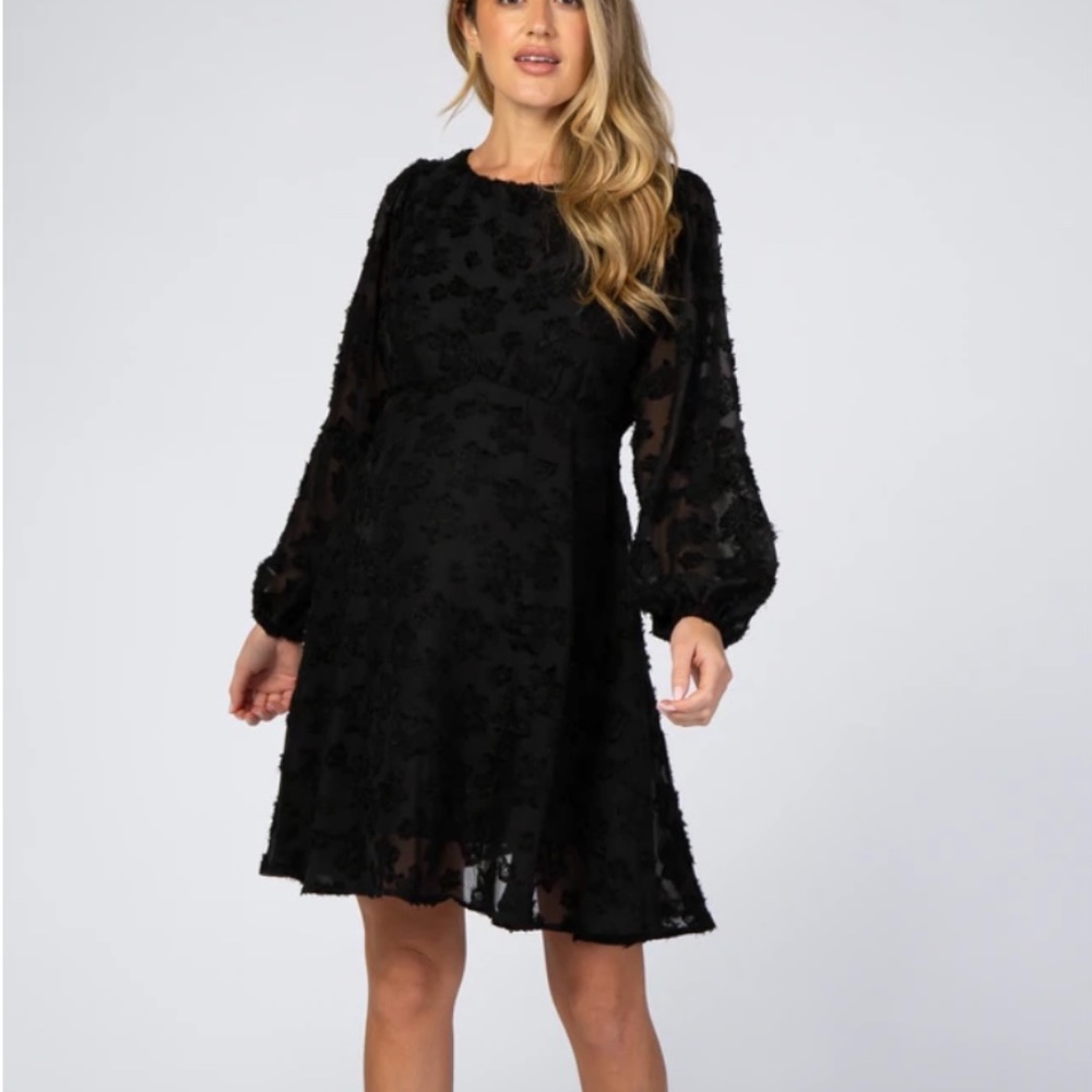 Black Chiffon Flocked Floral Petite Maternity Dress Size Med
